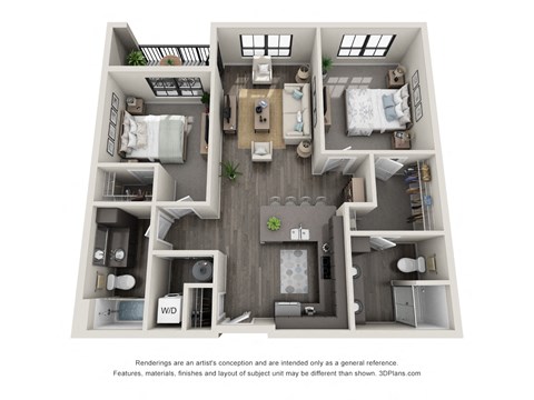 Floor plan for 2 beds, 2 baths, 1054 sqft